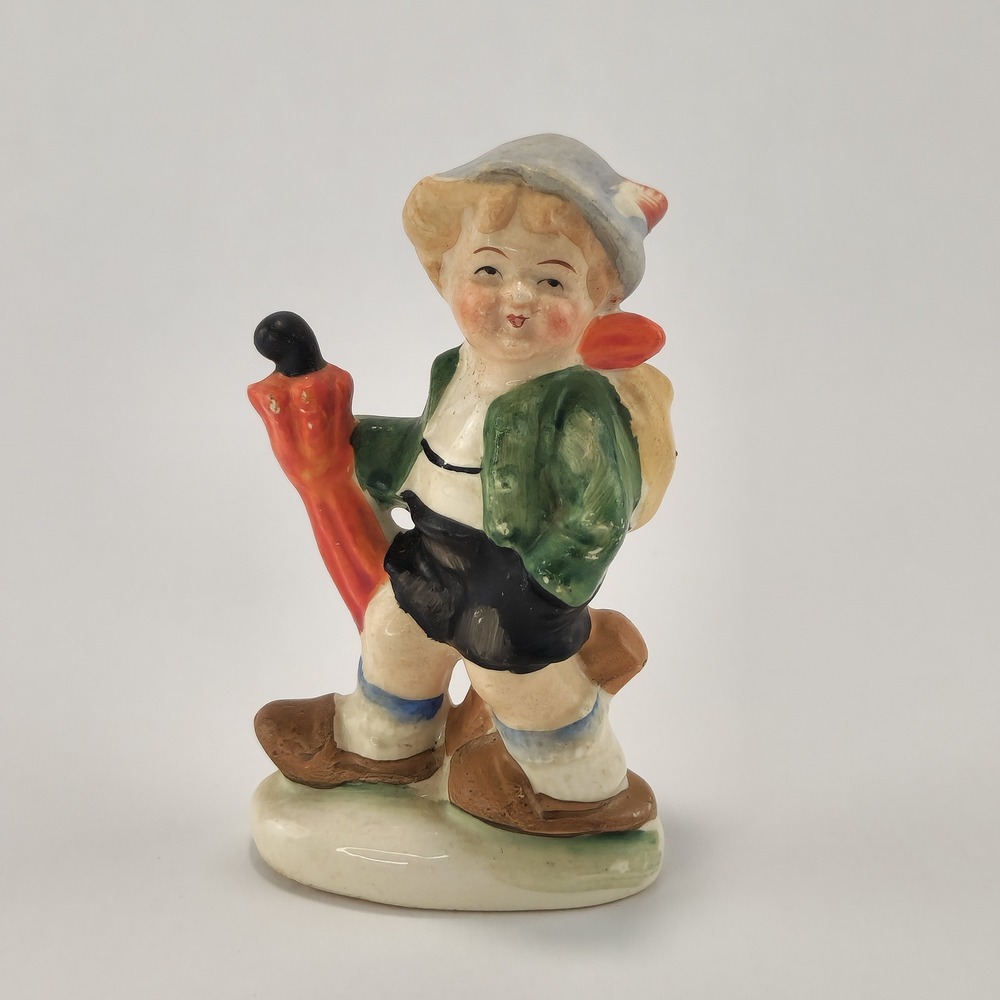 Vintage Japan Porcelain Boy Figurine Umbrella Backpack Hiker Collectible